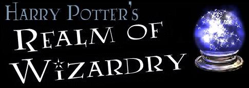 A logo for Harry Potter's Realm of Wizardry, with a purple, sparkly crystal ball adjacent
